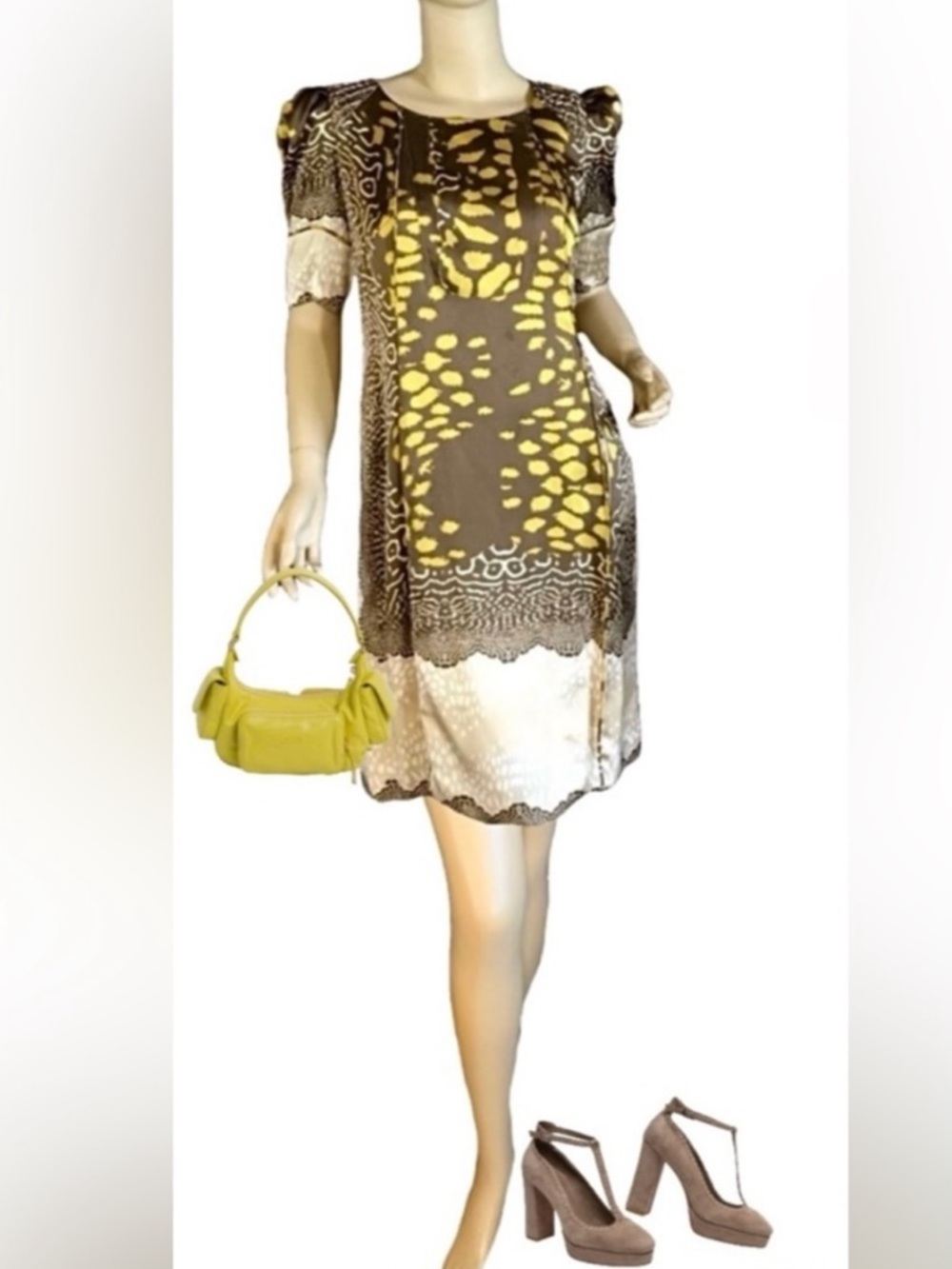 ISSA LONDON PURE SILK CHARTREUSE, CREAM AND TAUPE PRINT SHIFT DRESS (6)